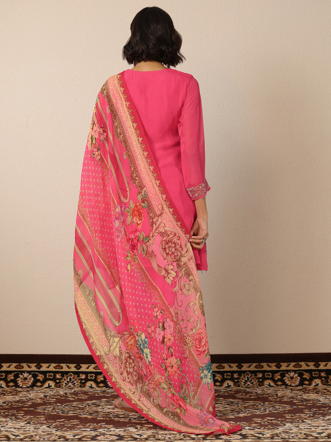  Libas Art Coral Embroidered Organza Suit Set With Dupatta 