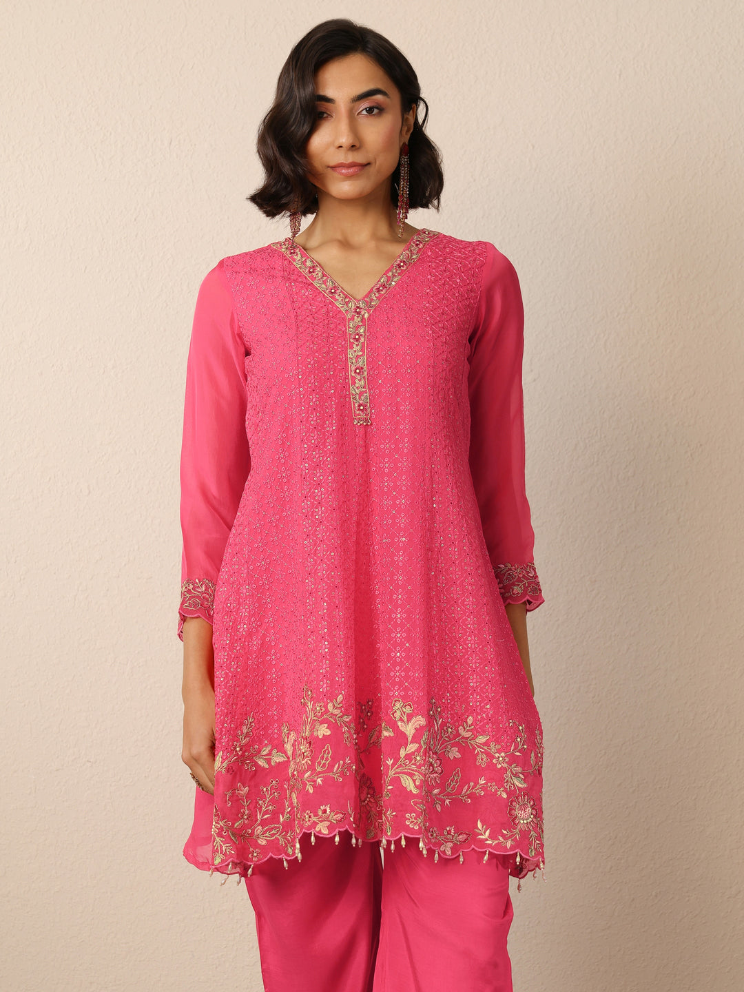  Libas Art Coral Embroidered Organza Suit Set With Dupatta 