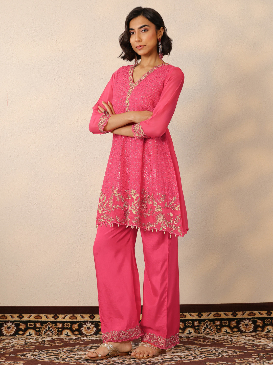  Libas Art Coral Embroidered Organza Suit Set With Dupatta 