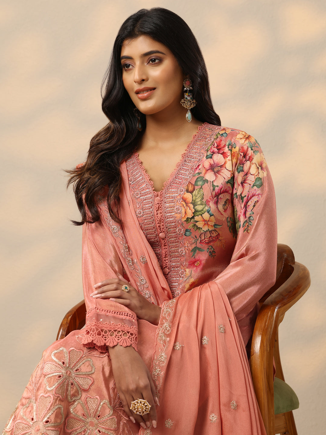  Libas Art Peach Embroidered Crepe Straight Suit Set With Dupatta 