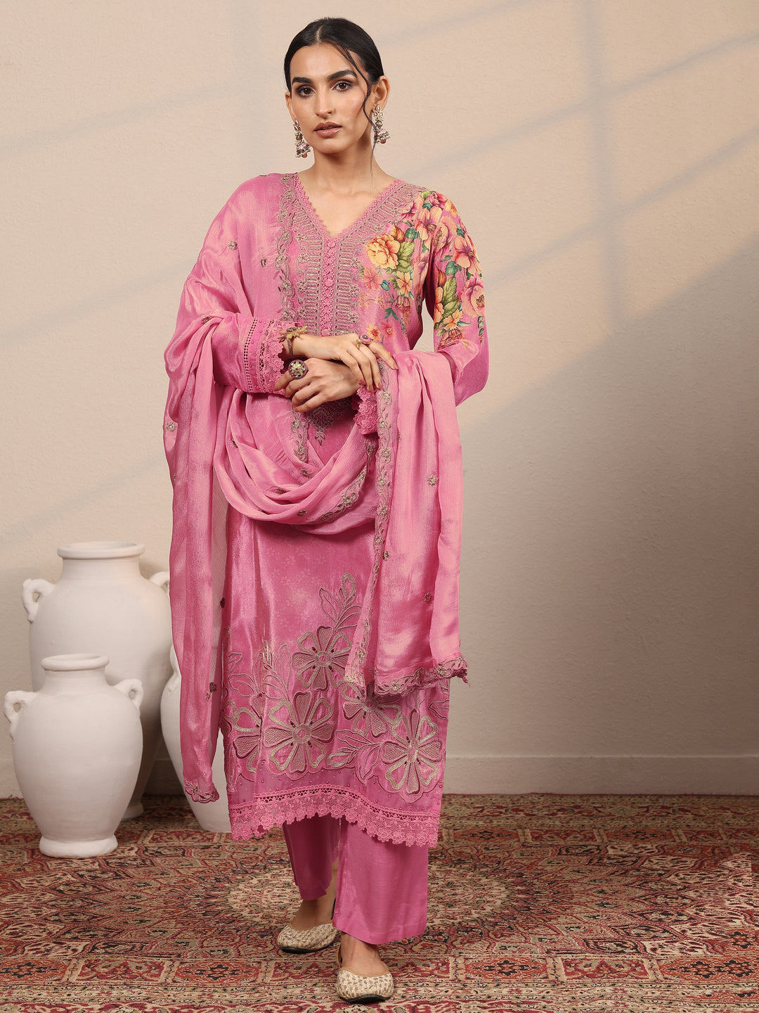  Libas Art Pink Embroidered Crepe Straight Suit Set With Dupatta 