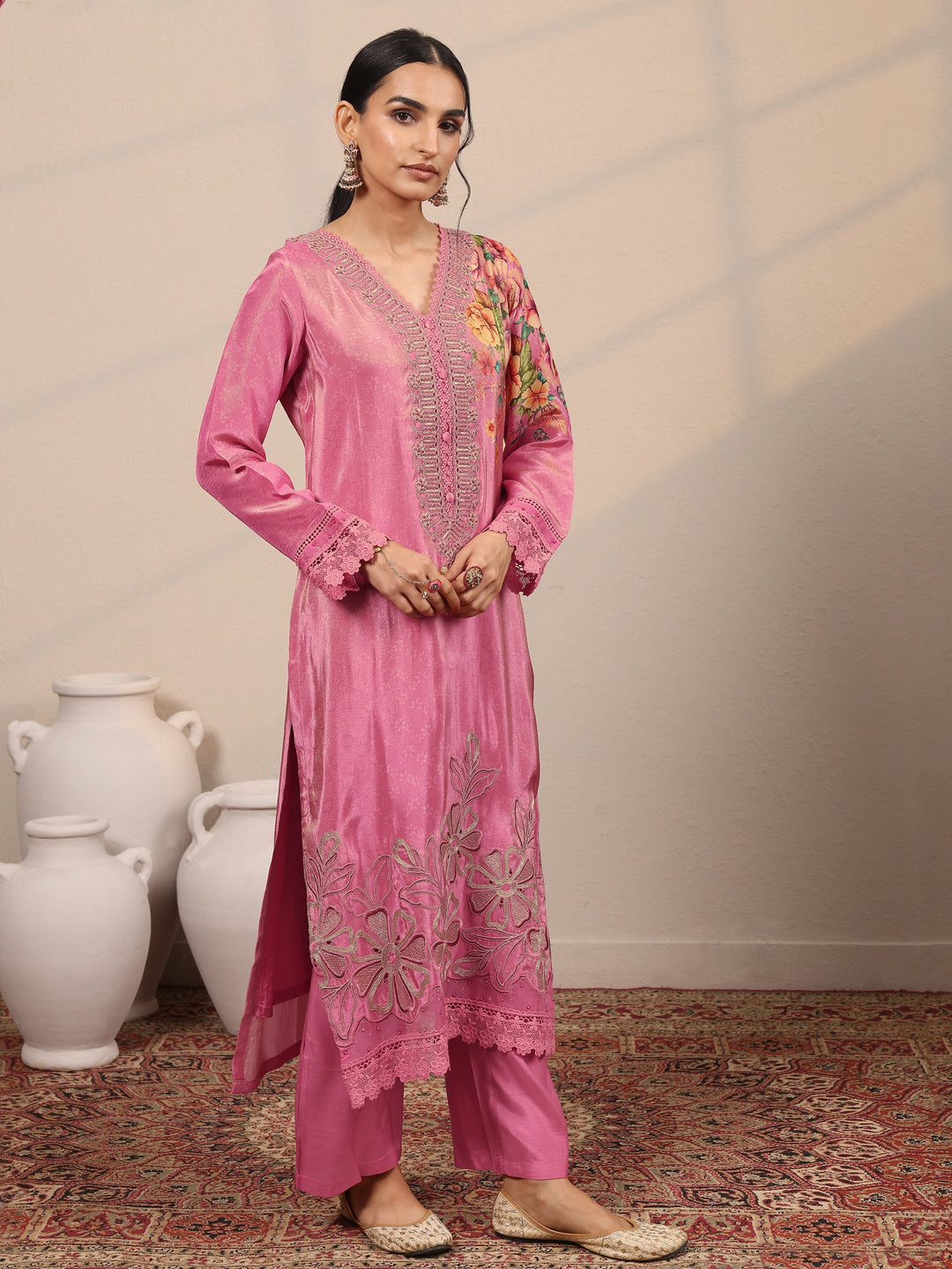  Libas Art Pink Embroidered Crepe Straight Suit Set With Dupatta 