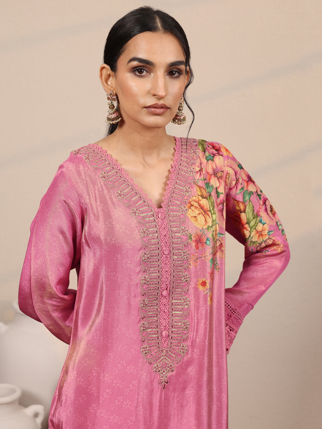  Libas Art Pink Embroidered Crepe Straight Suit Set With Dupatta 