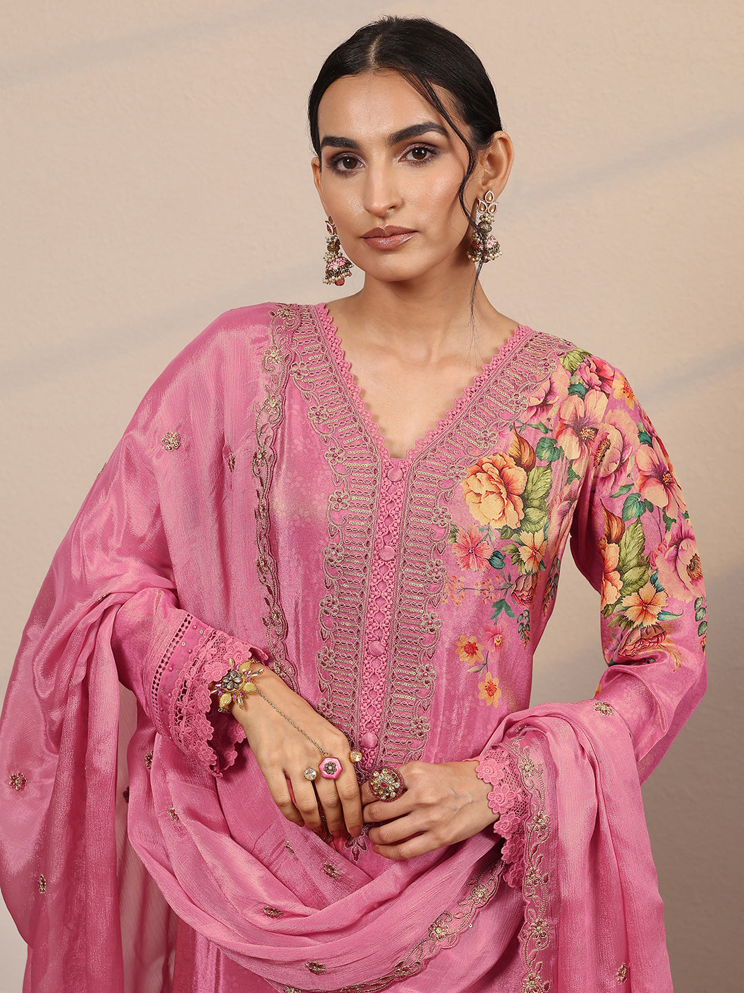  Libas Art Pink Embroidered Crepe Straight Suit Set With Dupatta 