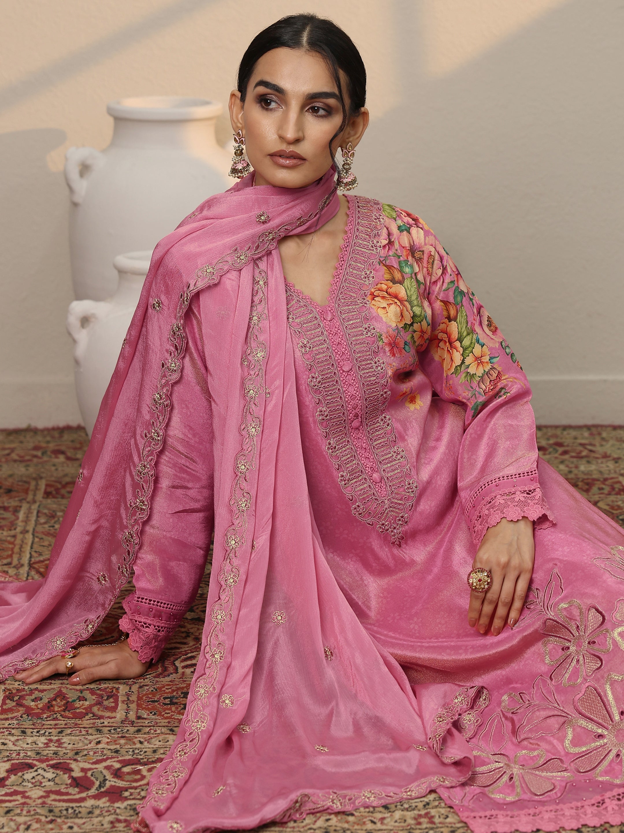 libas Pink Embroidered Crepe Straight Suit Set With Dupatta-picture-33