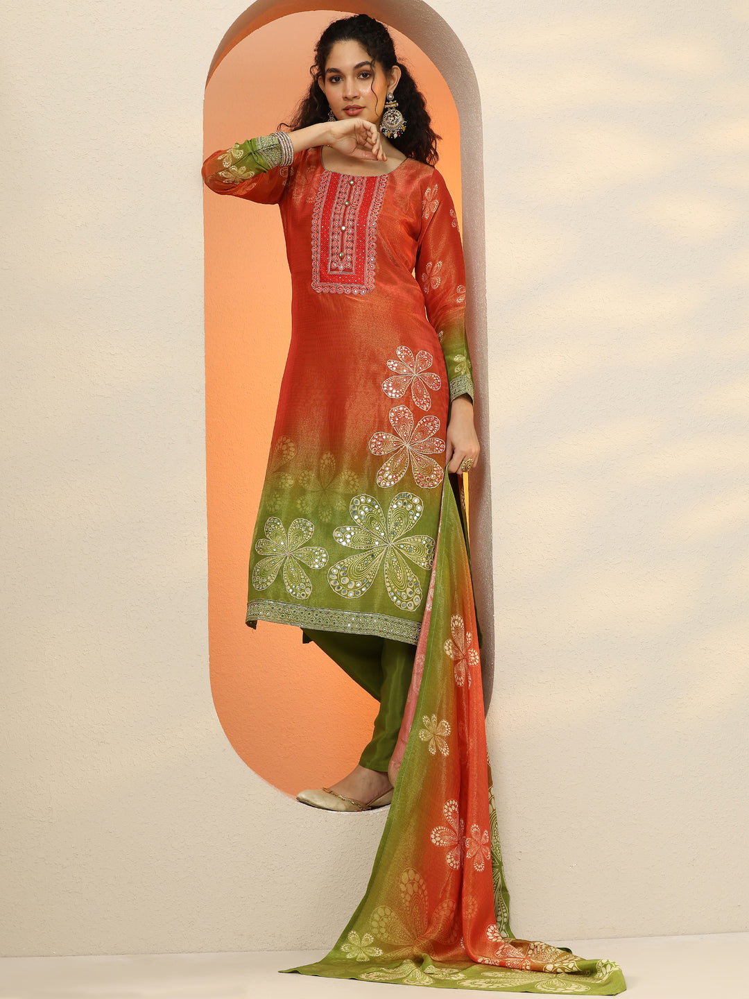  Libas Art Red Embroidered Crepe Straight Suit Set With Dupatta 