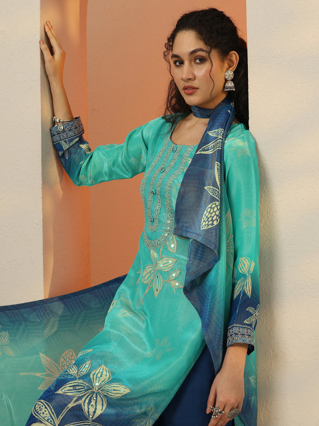  Libas Art Blue Embroidered Crepe Straight Suit Set With Dupatta 