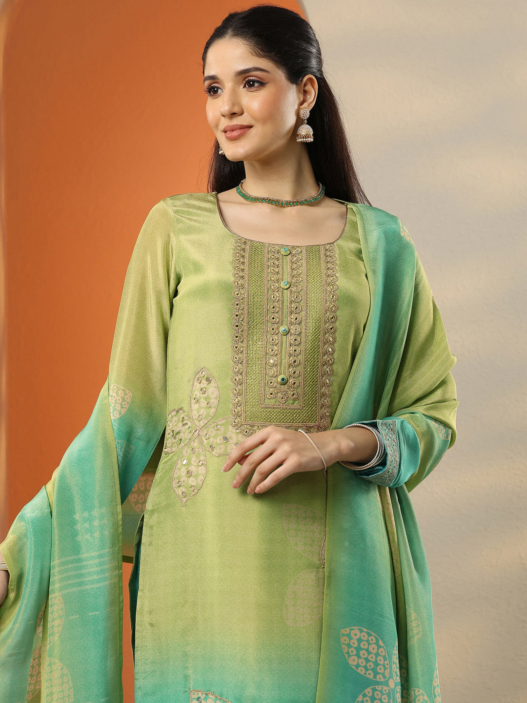  Green Embroidered Crepe Straight Suit Set With Dupatta 