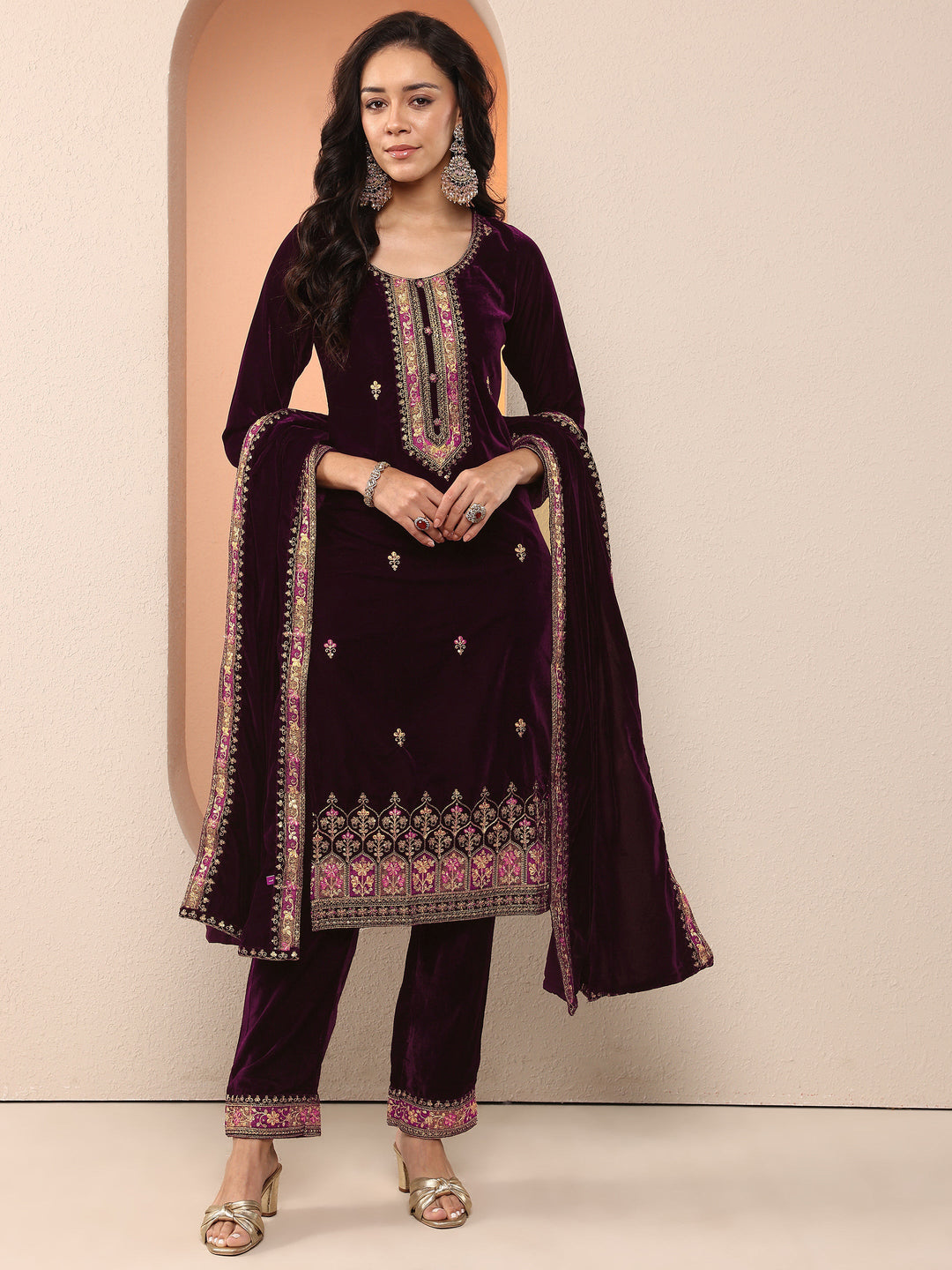  Libas Art Burgundy Embroidered Velvet Straight Suit Set With Dupatta 