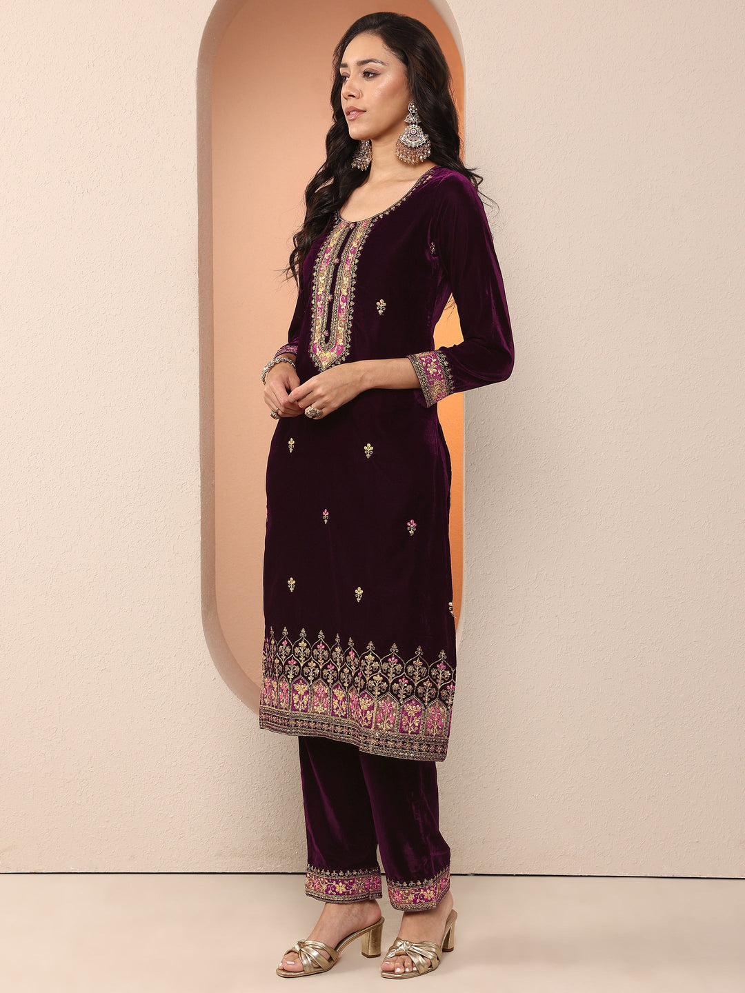  Libas Art Burgundy Embroidered Velvet Straight Suit Set With Dupatta 