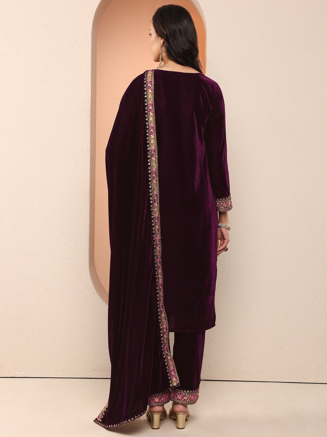  Libas Art Burgundy Embroidered Velvet Straight Suit Set With Dupatta 
