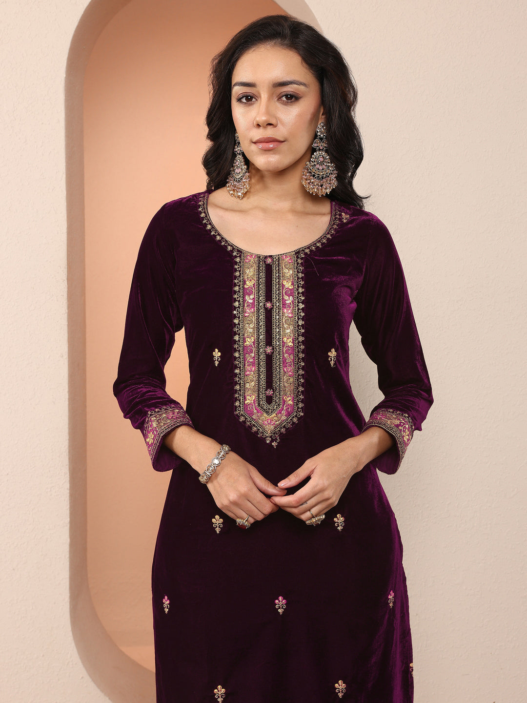  Libas Art Burgundy Embroidered Velvet Straight Suit Set With Dupatta 