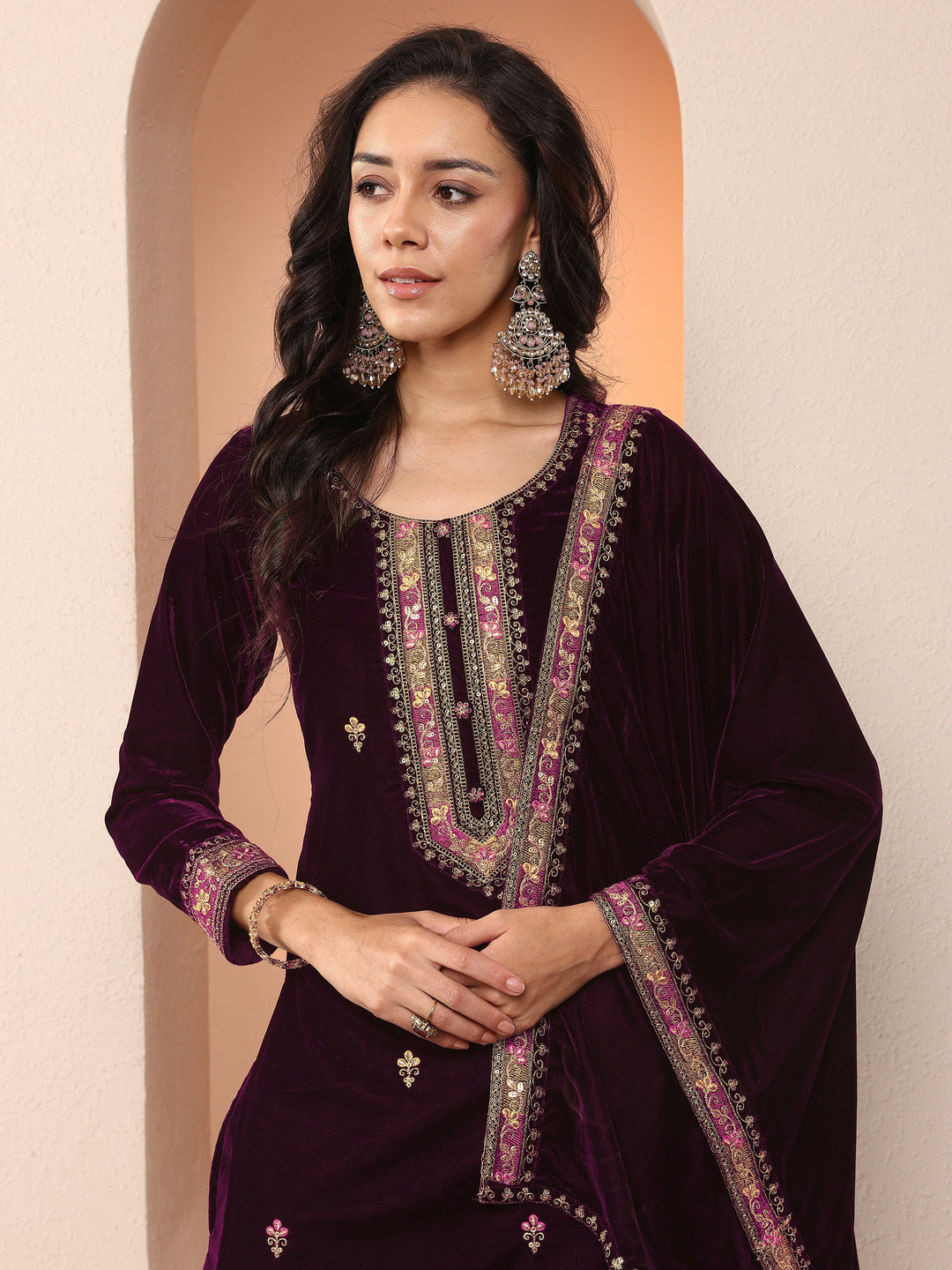  Libas Art Burgundy Embroidered Velvet Straight Suit Set With Dupatta 