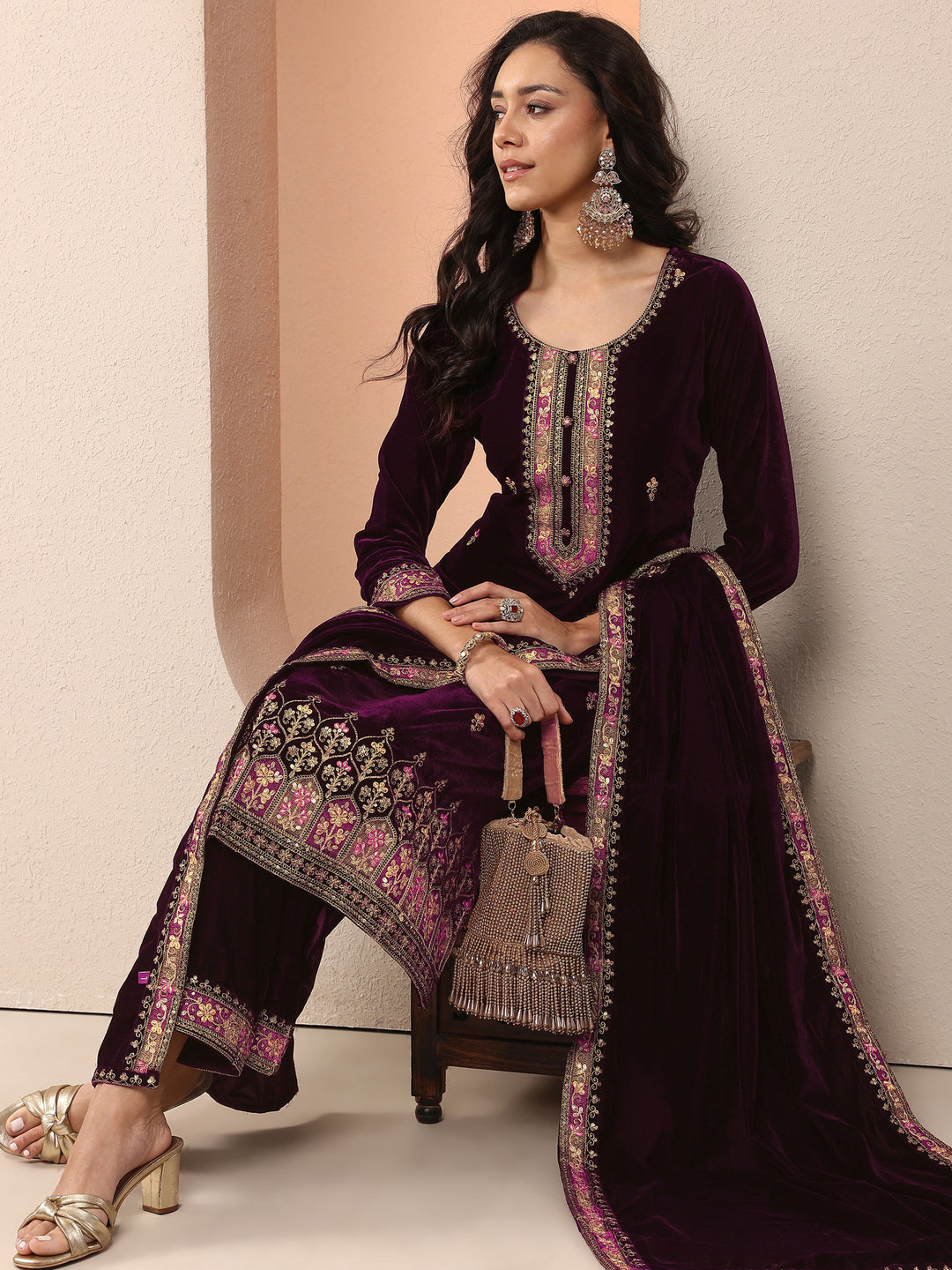 Libas Art Burgundy Embroidered Velvet Straight Suit Set With Dupatta