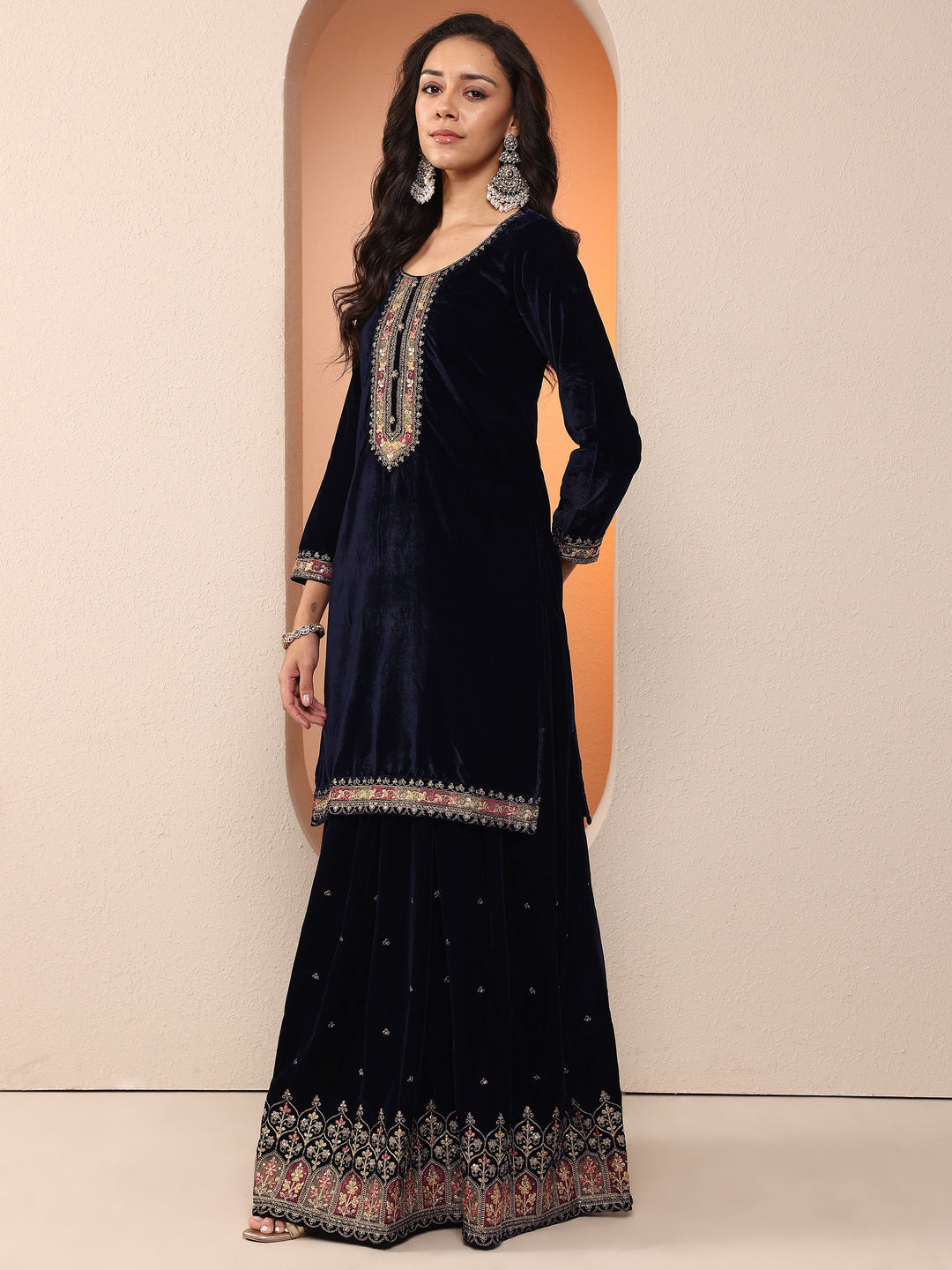  Libas Art Navy blue Embroidered Velvet Straight Suit Set With Dupatta 
