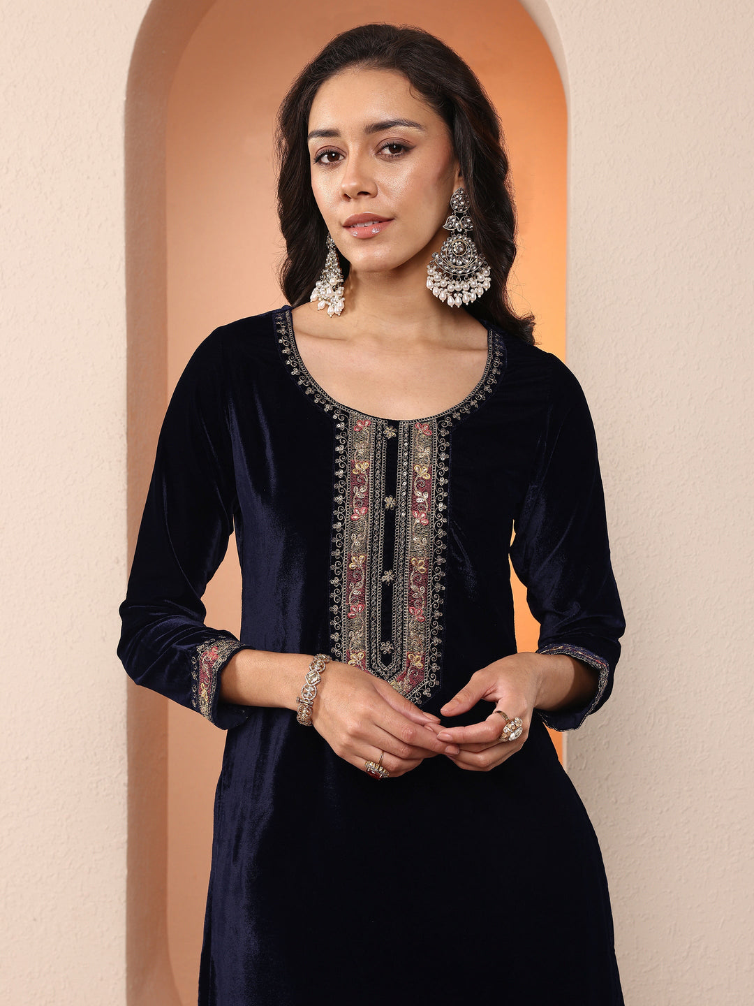  Libas Art Navy blue Embroidered Velvet Straight Suit Set With Dupatta 