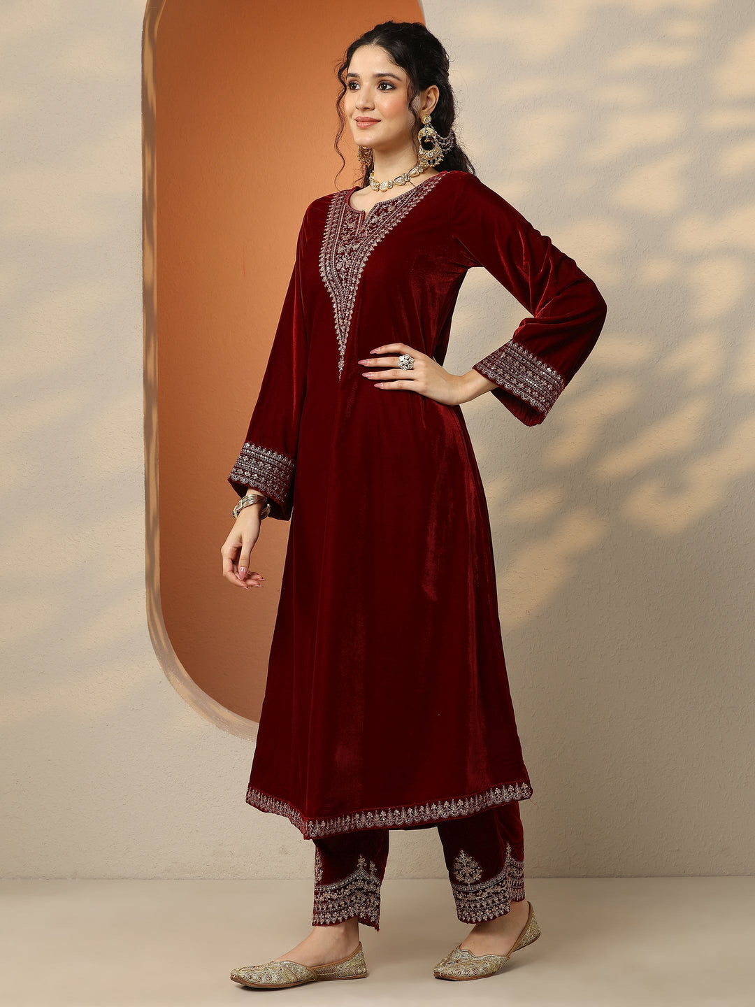  Libas Art Magenta Embroidered Velvet Straight Suit Set With Dupatta 