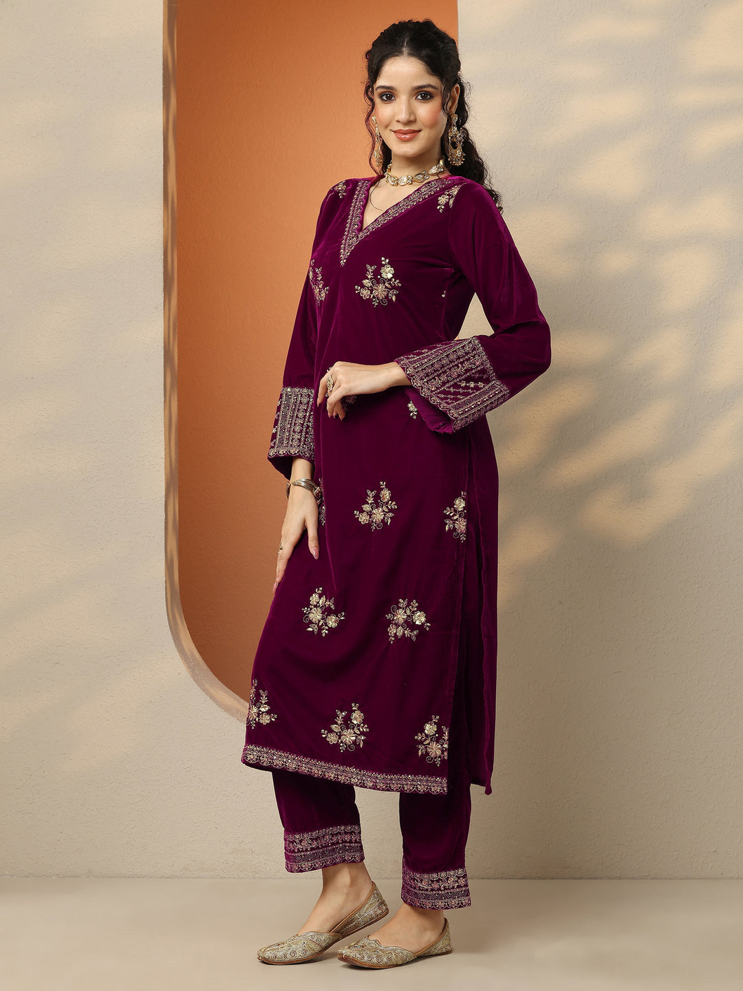  Libas Art Magenta Embroidered Velvet Straight Suit Set With Dupatta 