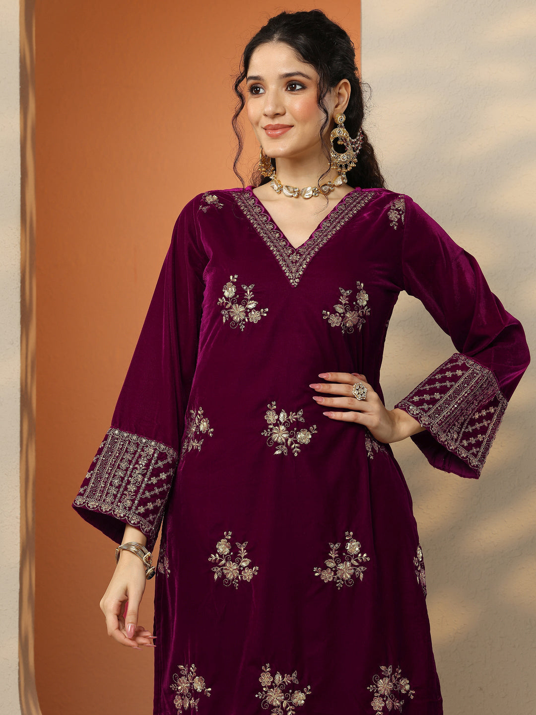  Libas Art Magenta Embroidered Velvet Straight Suit Set With Dupatta 