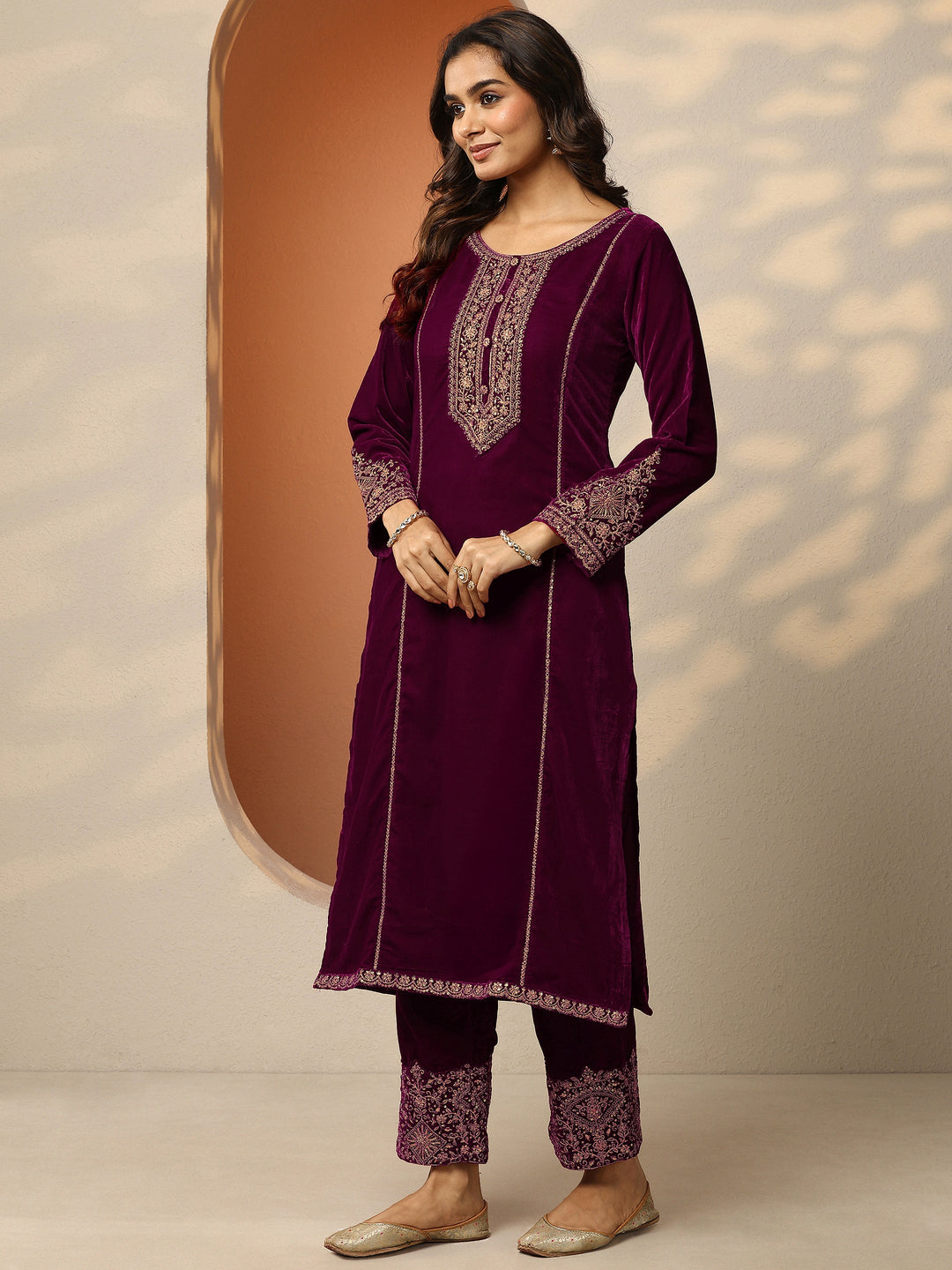  Libas Art Burgundy Embroidered Velvet Straight Suit Set With Dupatta 