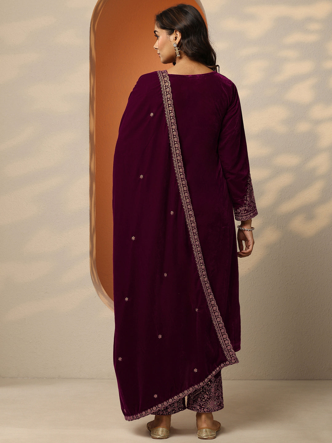  Libas Art Burgundy Embroidered Velvet Straight Suit Set With Dupatta 