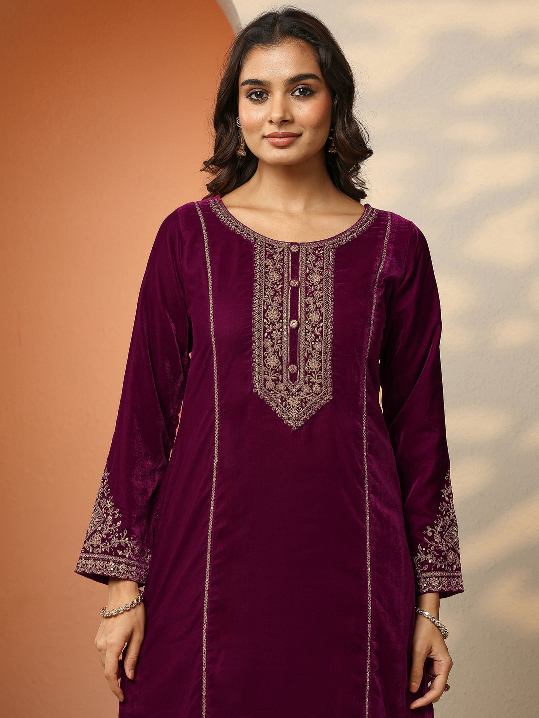  Libas Art Burgundy Embroidered Velvet Straight Suit Set With Dupatta 