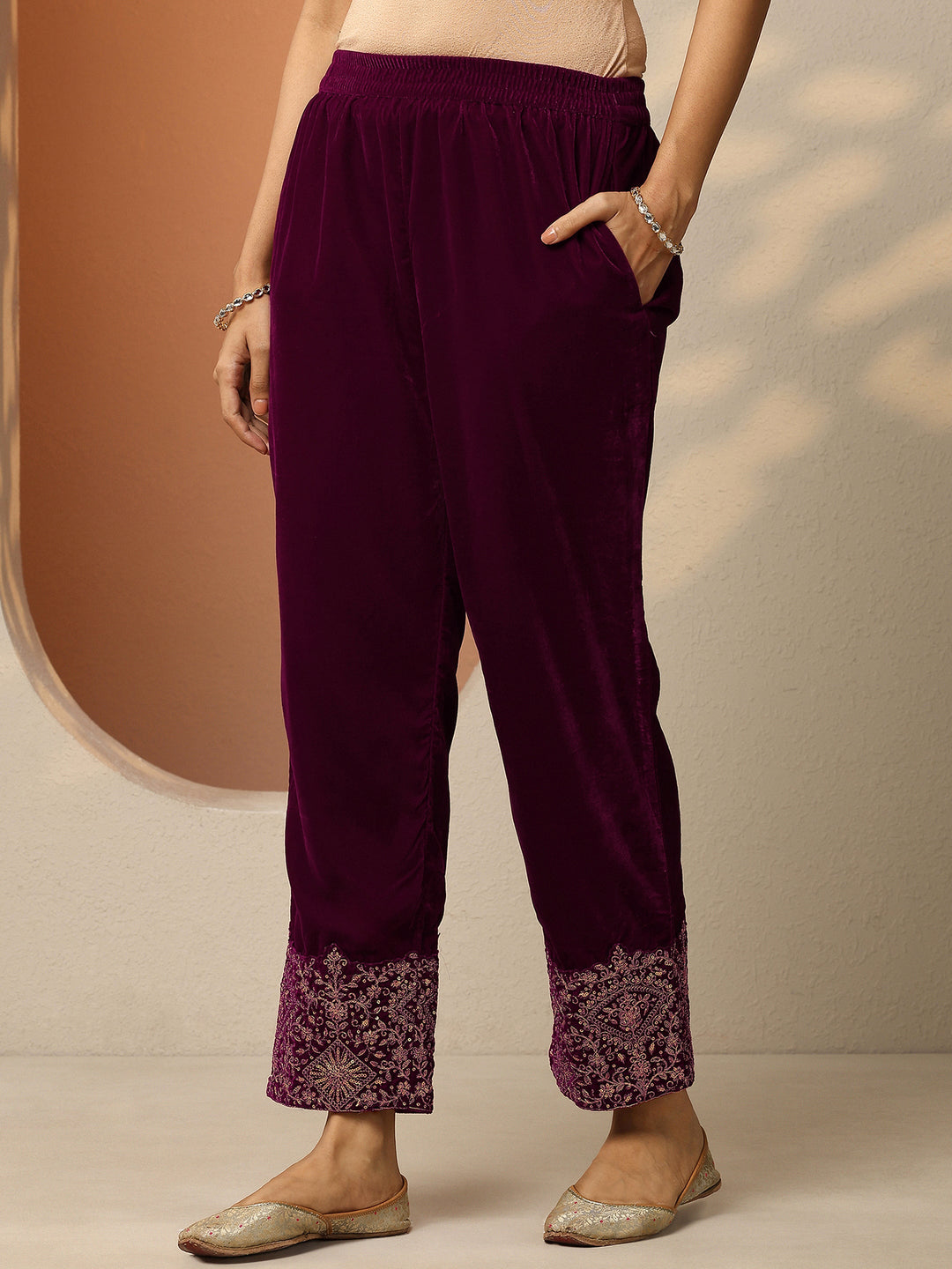  Libas Art Burgundy Embroidered Velvet Straight Suit Set With Dupatta 