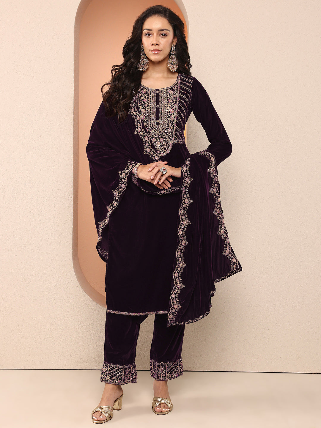  Libas Art Purple Embroidered Velvet Straight Suit Set With Dupatta 