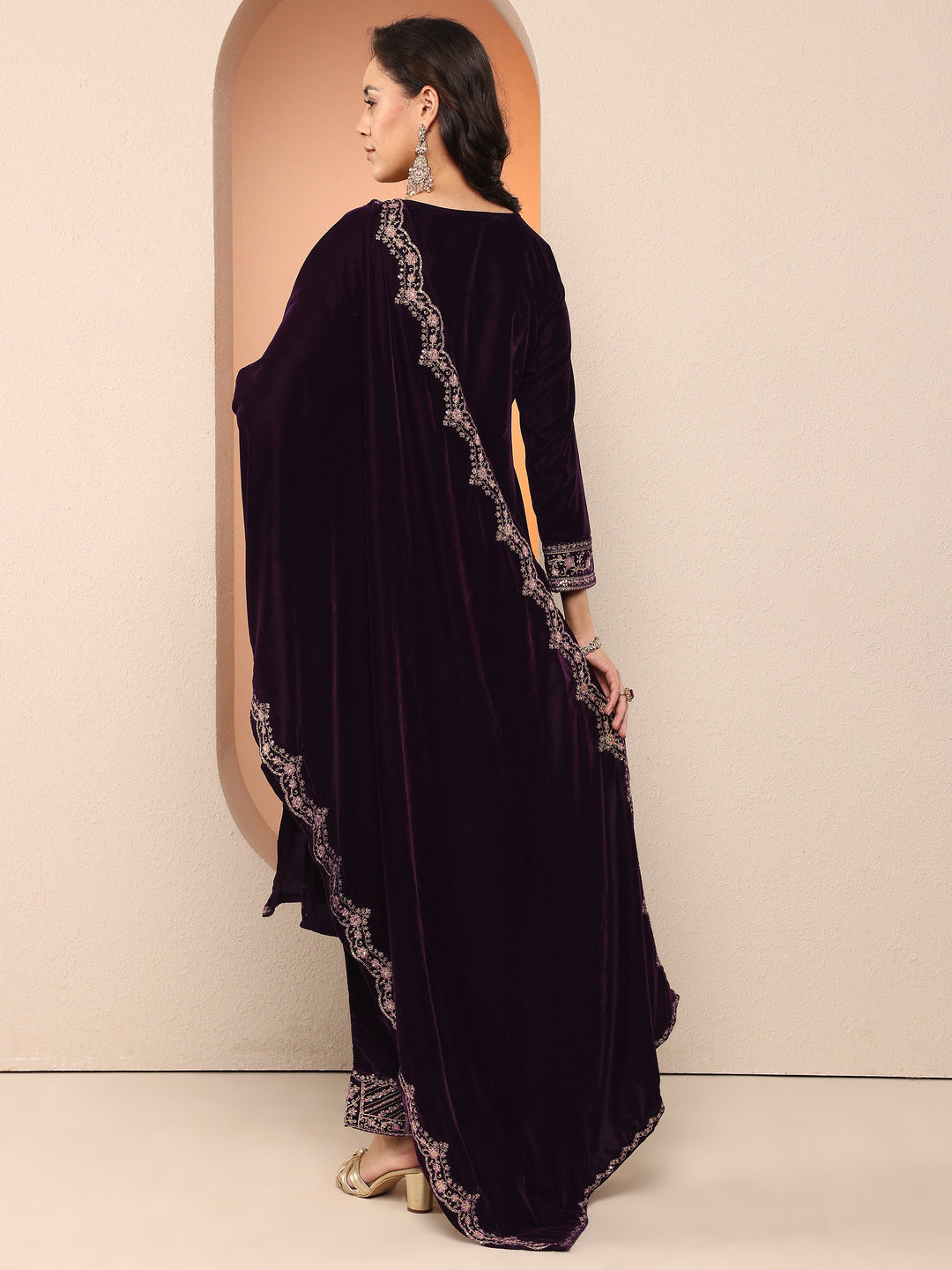 Libas Art Purple Embroidered Velvet Straight Suit Set With Dupatta 