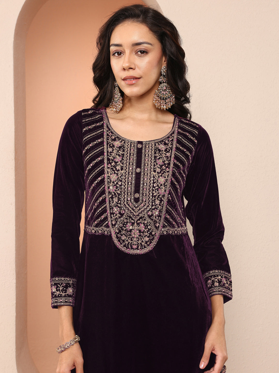  Libas Art Purple Embroidered Velvet Straight Suit Set With Dupatta 