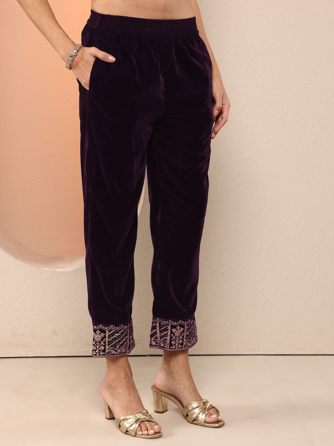  Libas Art Purple Embroidered Velvet Straight Suit Set With Dupatta 