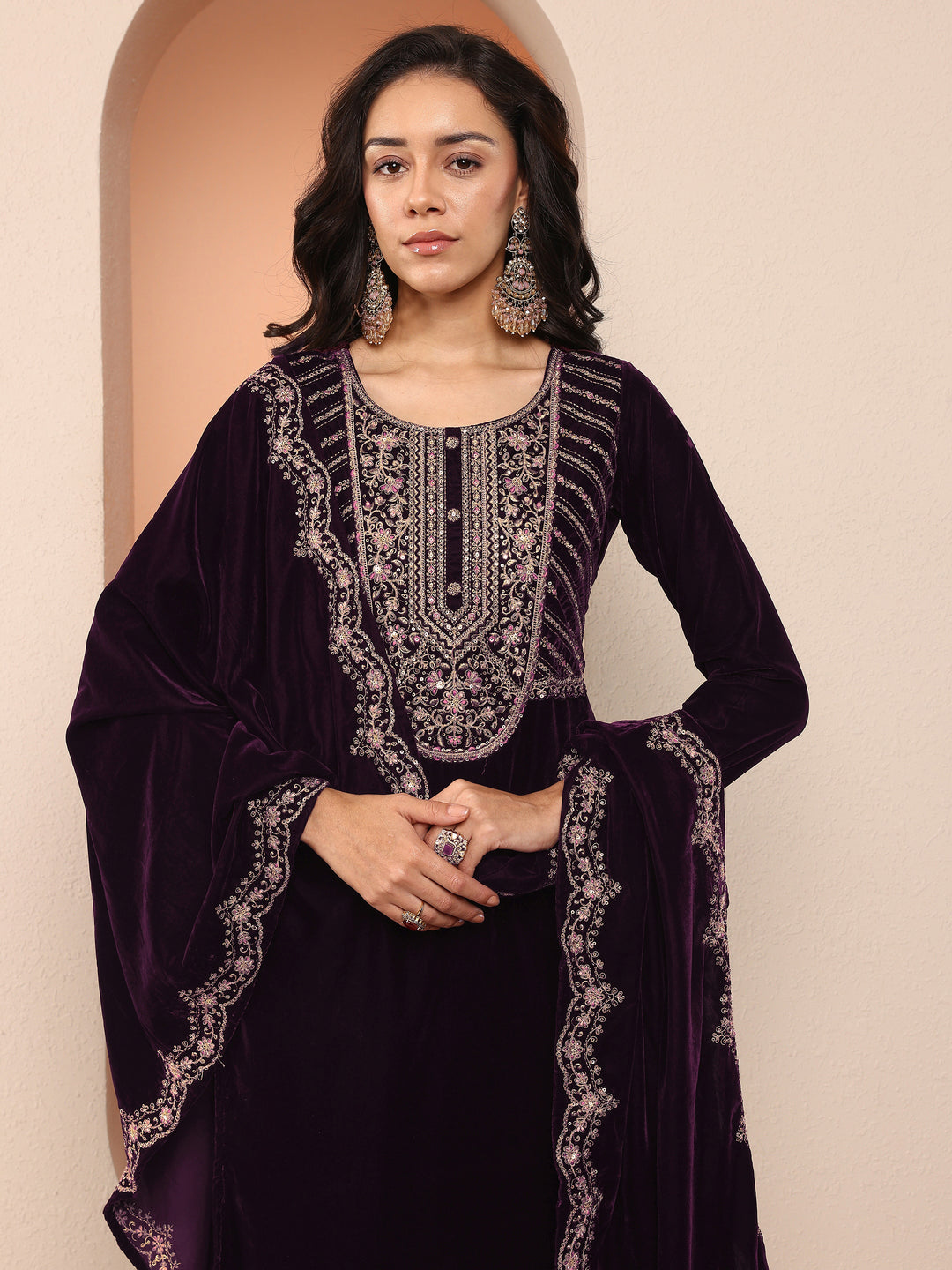  Libas Art Purple Embroidered Velvet Straight Suit Set With Dupatta 