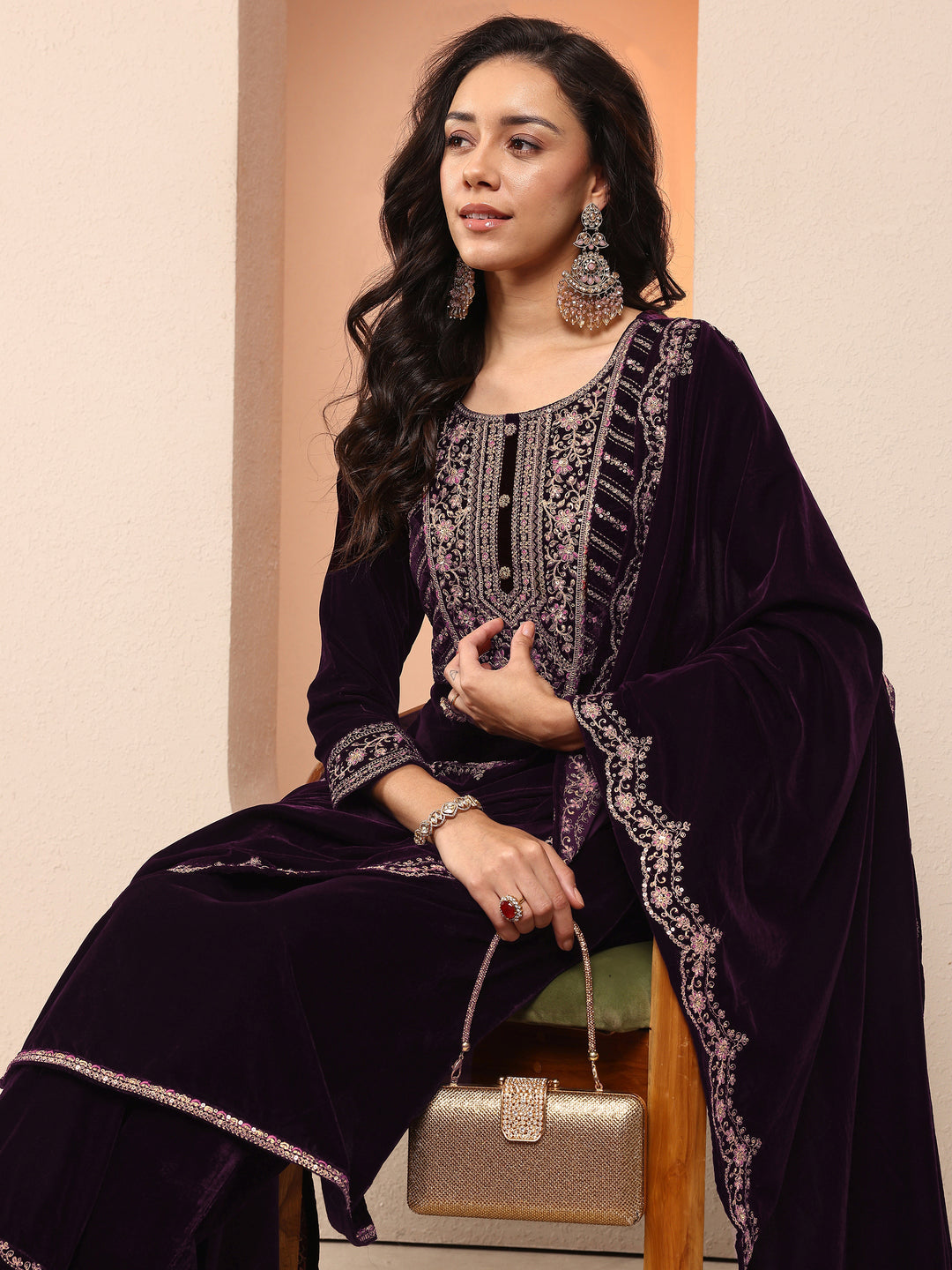Libas Art Purple Embroidered Velvet Straight Suit Set With Dupatta