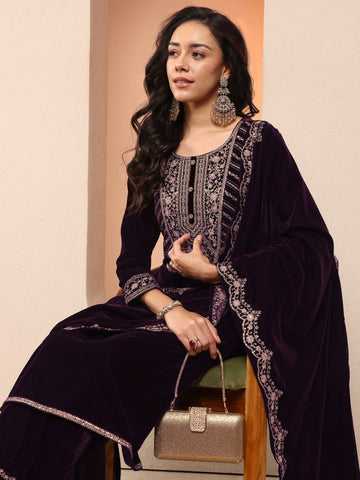 Libas Art Purple Embroidered Velvet Straight Suit Set With Dupatta