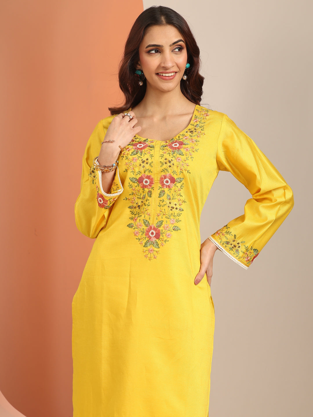  Yellow Embroidered Silk Blend Straight Suit Set With Dupatta 