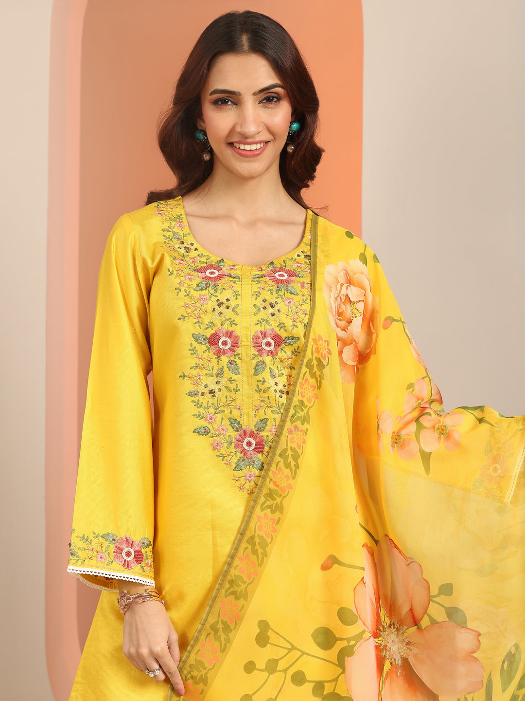  Yellow Embroidered Silk Blend Straight Suit Set With Dupatta 