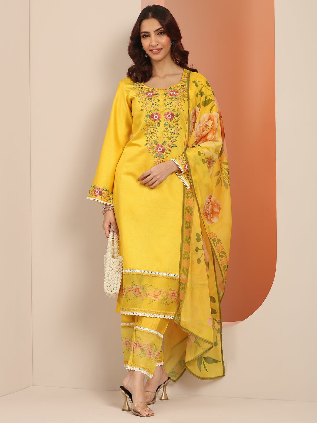  Yellow Embroidered Silk Blend Straight Suit Set With Dupatta 