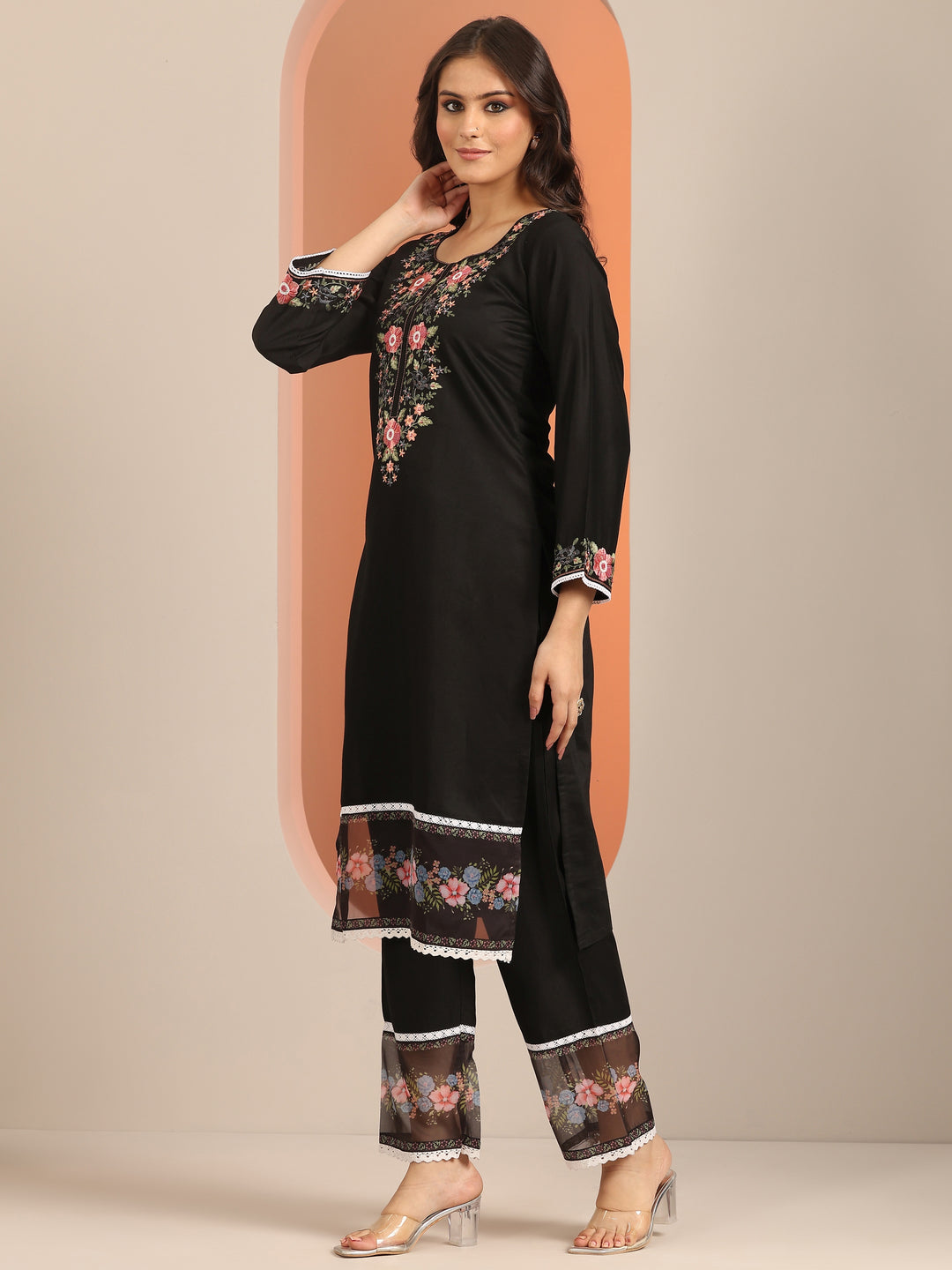  Black Embroidered Silk Blend Straight Suit Set With Dupatta 