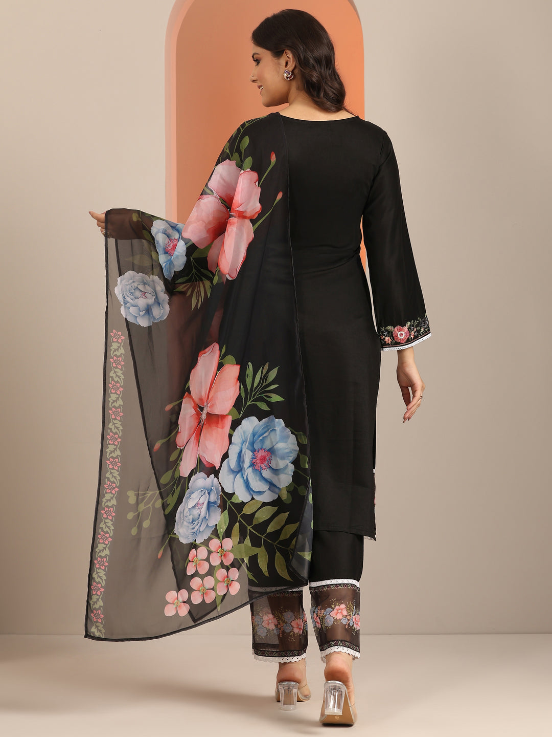  Black Embroidered Silk Blend Straight Suit Set With Dupatta 