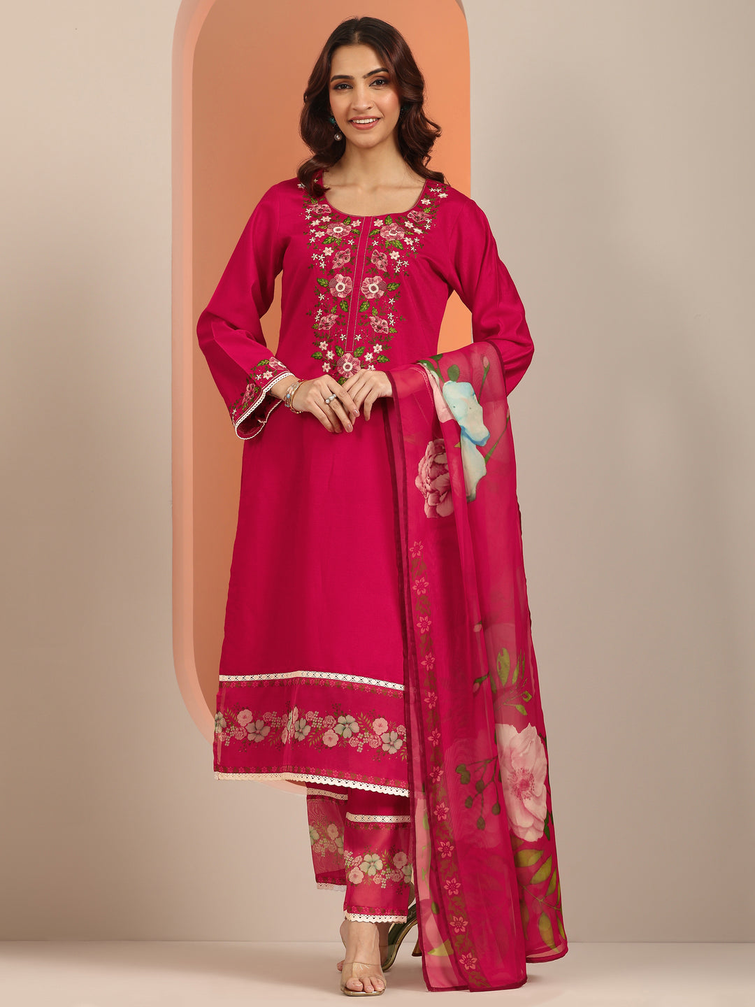  Red Embroidered Silk Blend Straight Suit Set With Dupatta 