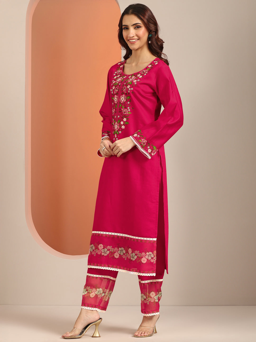  Red Embroidered Silk Blend Straight Suit Set With Dupatta 