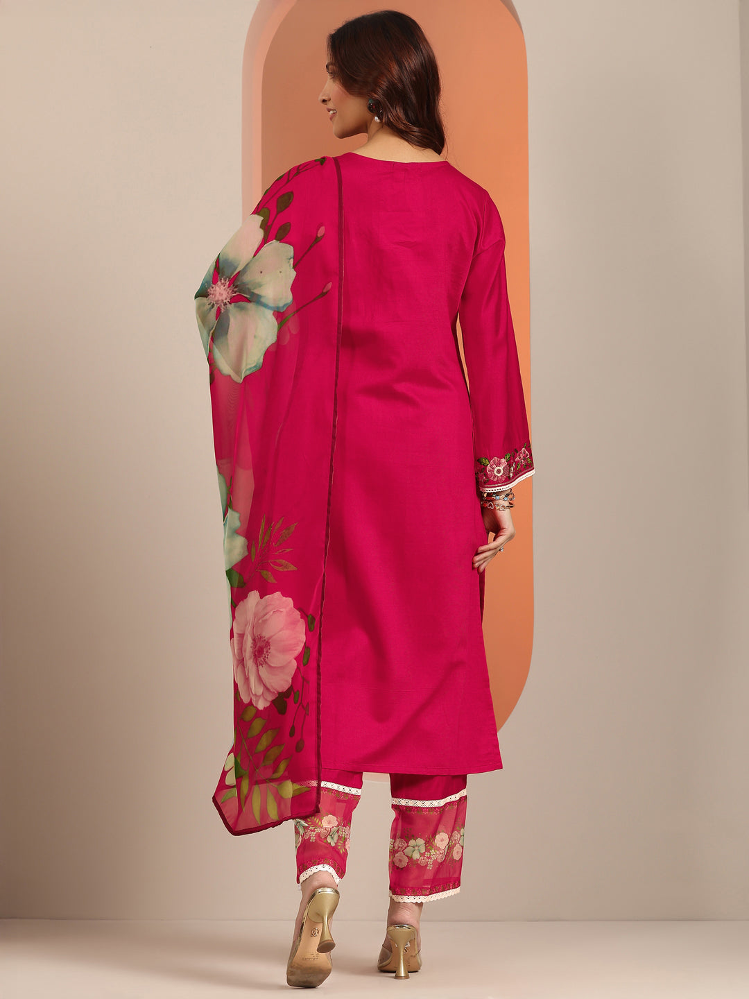  Red Embroidered Silk Blend Straight Suit Set With Dupatta 