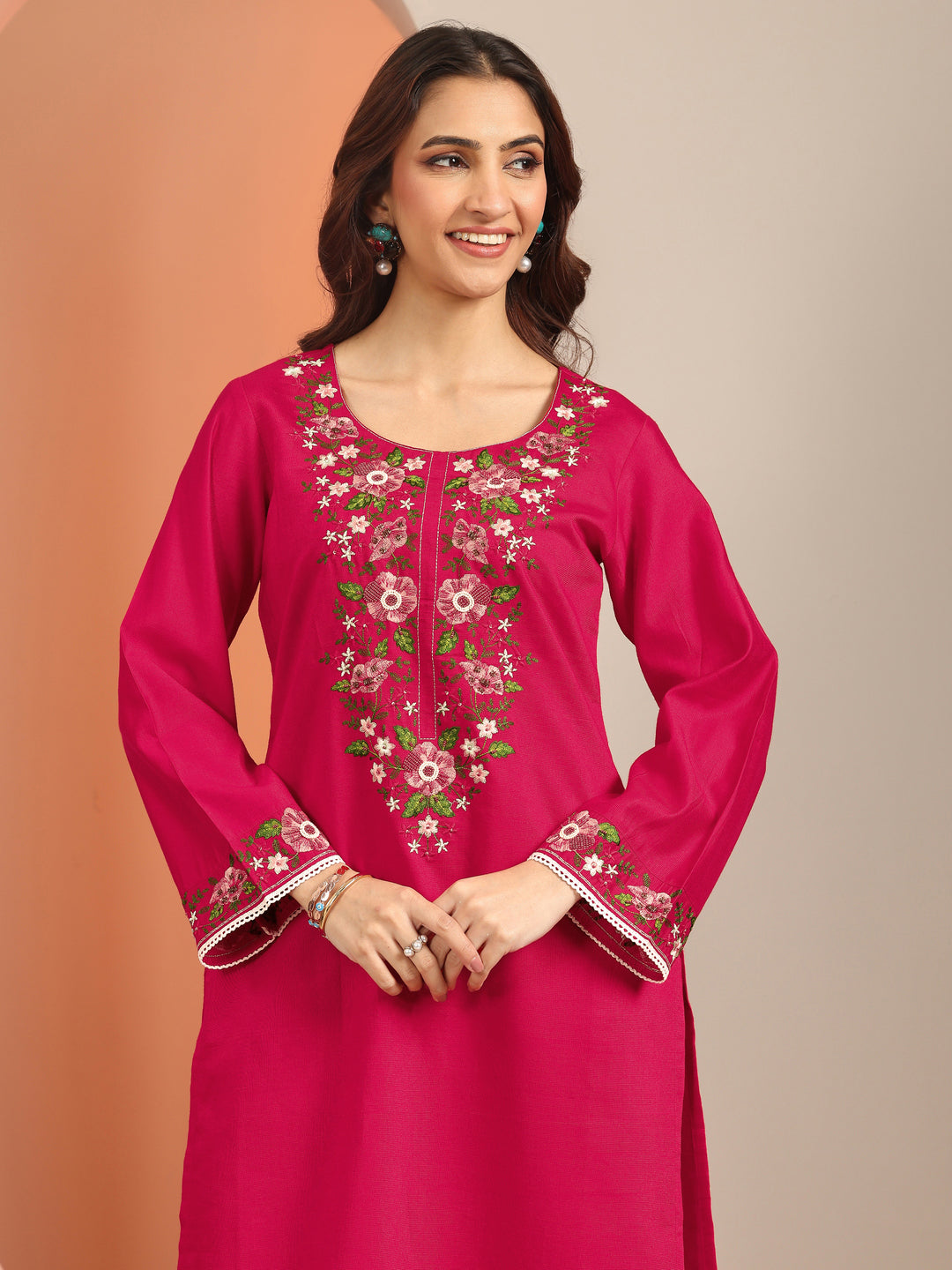  Red Embroidered Silk Blend Straight Suit Set With Dupatta 