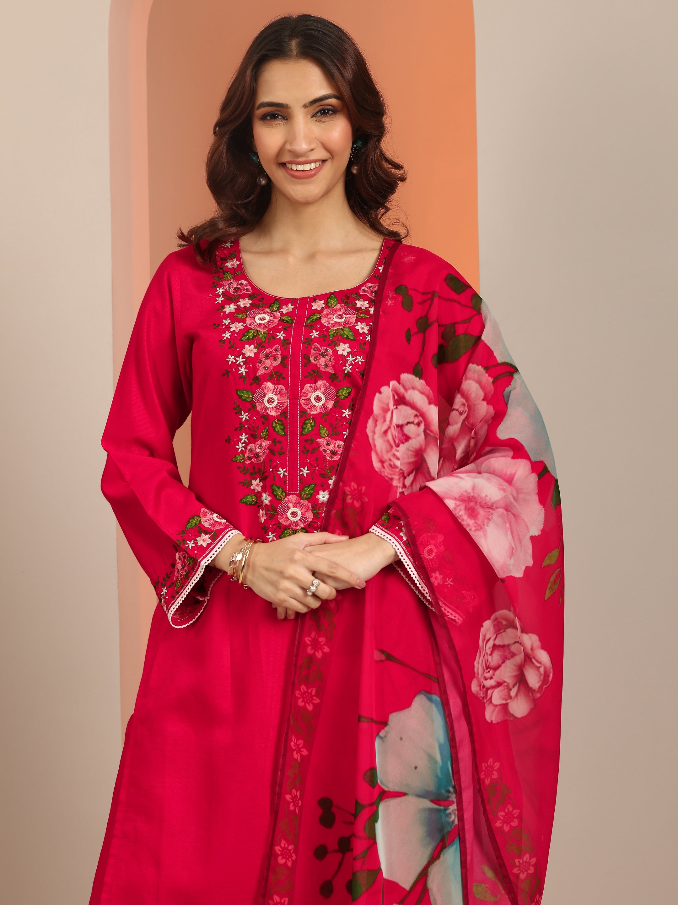 libas Red Embroidered Silk Blend Straight Suit Set With Dupatta-picture-56