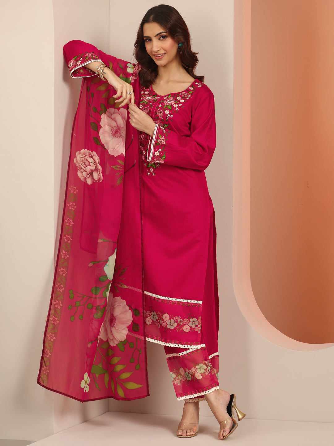  Red Embroidered Silk Blend Straight Suit Set With Dupatta 