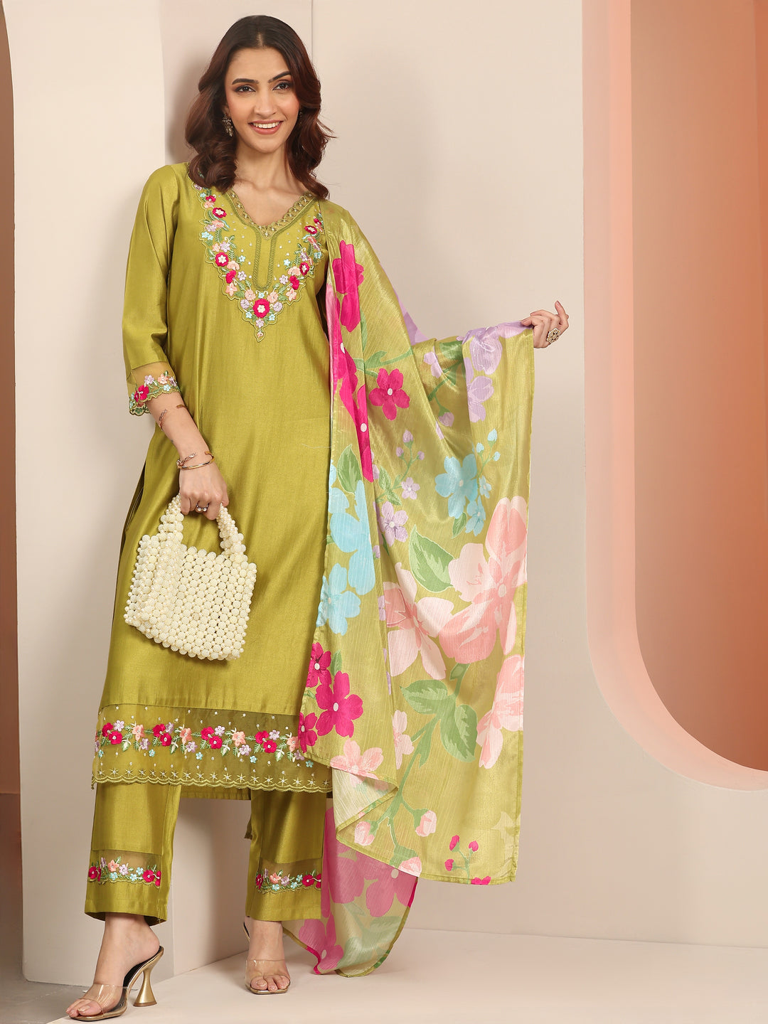  Green Embroidered Silk Blend Straight Suit Set With Dupatta 