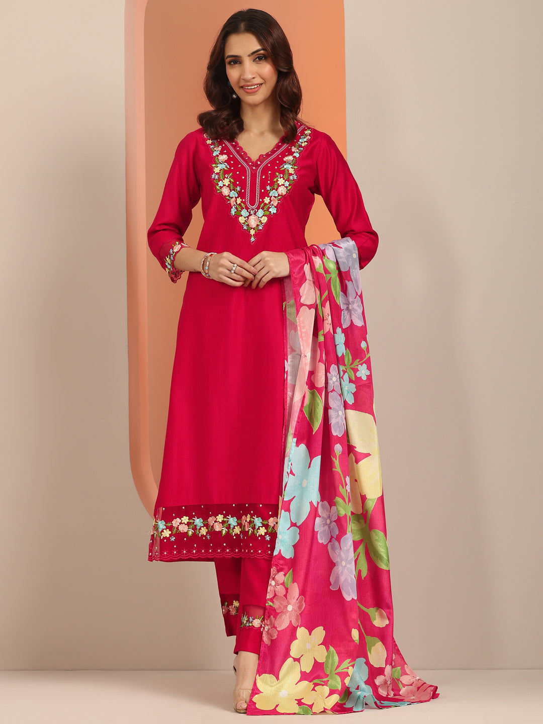  Red Embroidered Silk Blend Straight Suit Set With Dupatta 