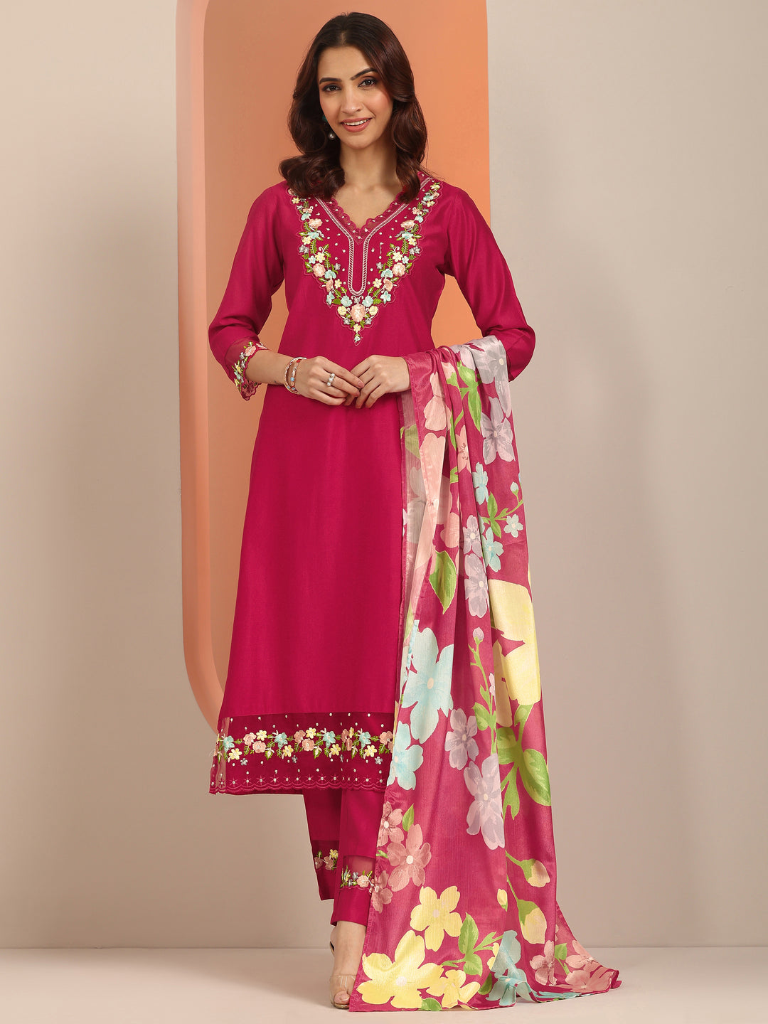  Red Embroidered Silk Blend Straight Suit Set With Dupatta 
