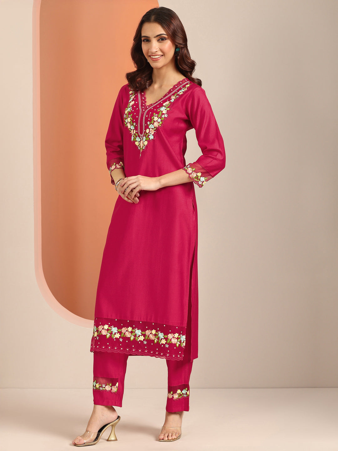  Red Embroidered Silk Blend Straight Suit Set With Dupatta 