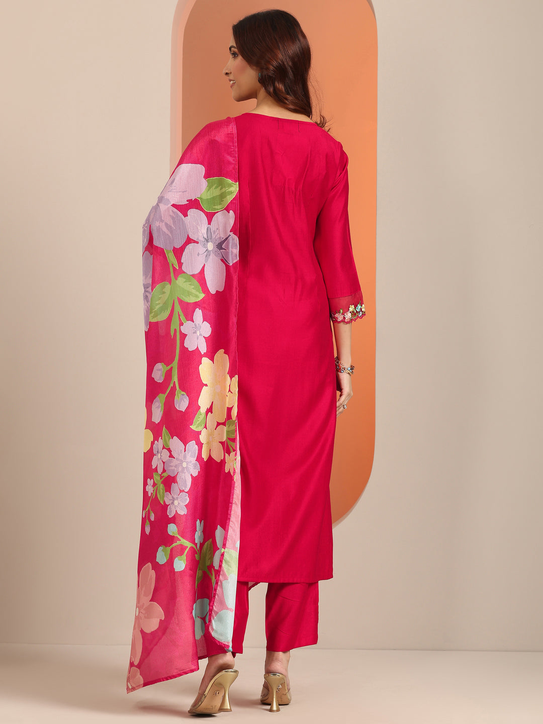  Red Embroidered Silk Blend Straight Suit Set With Dupatta 